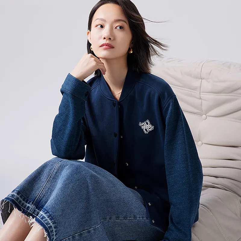 Initial Language Baseball Jacket Coat Women's Navy Blue-4