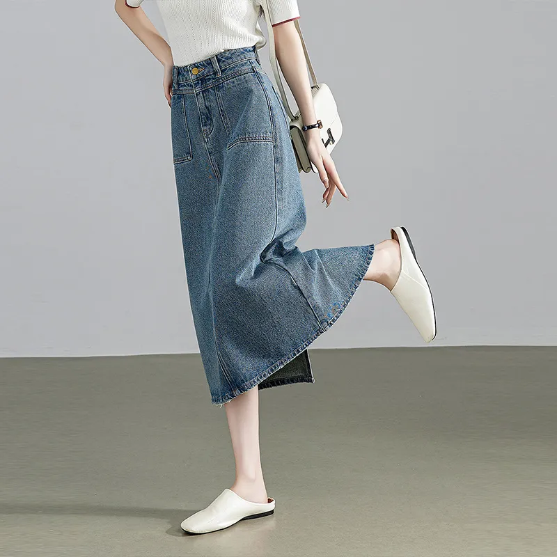 Initial Language Denim Long Skirts Women's Dusty Blue-7