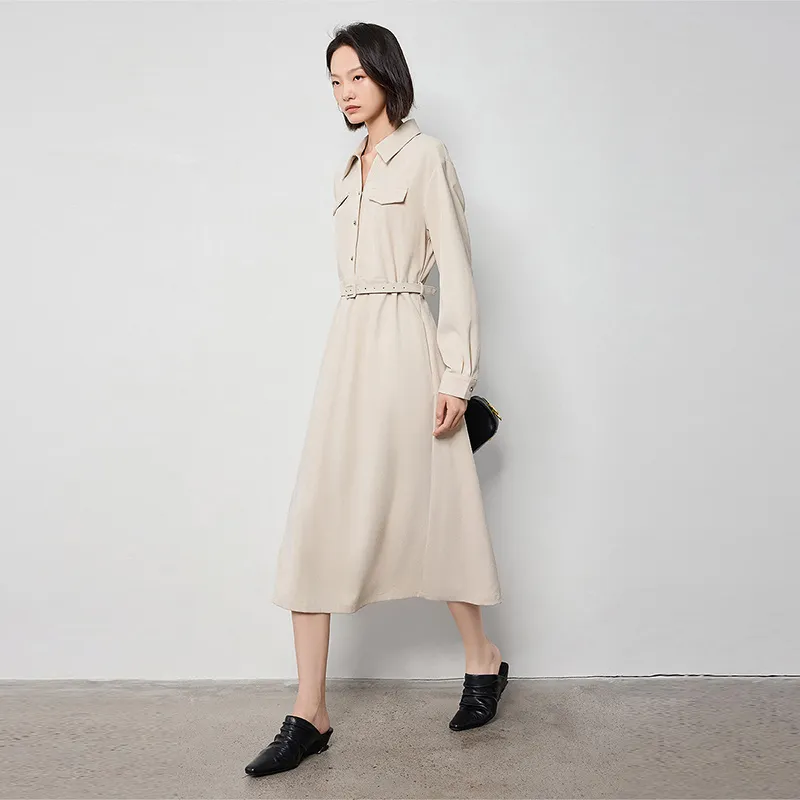 Initial Language Long Sleeved Dresses Women's Apricot-3