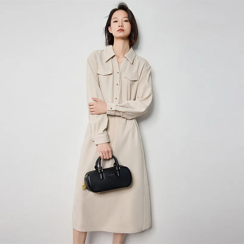 Initial Language Long Sleeved Dresses Women's Apricot-6
