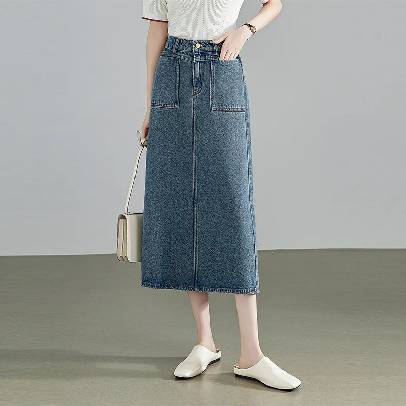 Initial Language Denim Long Skirts Women's Dusty Blue-1