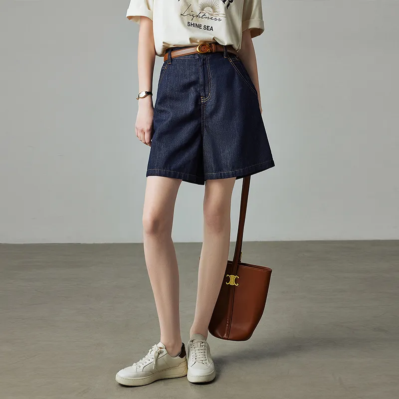 Initial Language Denim Shorts Women's Original Denim Blue-3