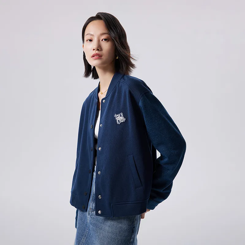 Initial Language Baseball Jacket Coat Women's Navy Blue-3