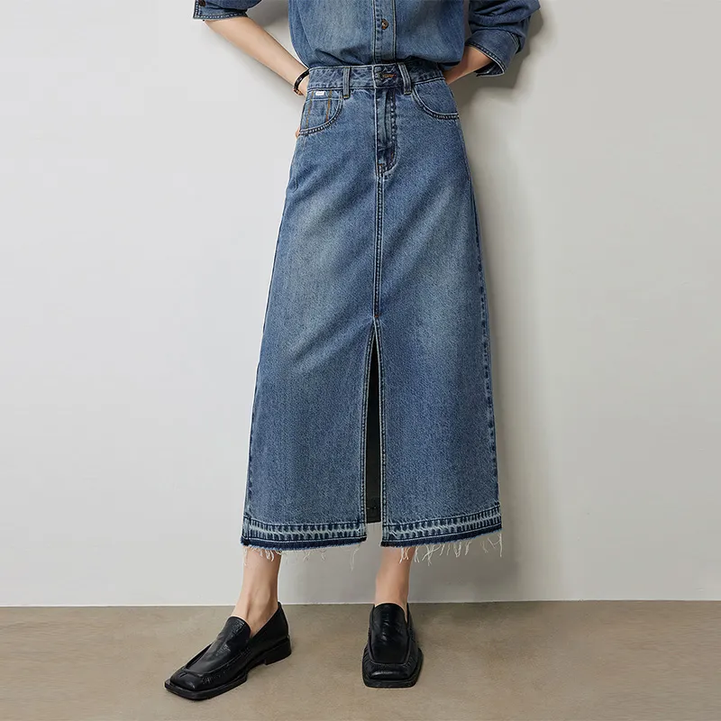 Initial Language Denim Long Skirts Women's Blue-1