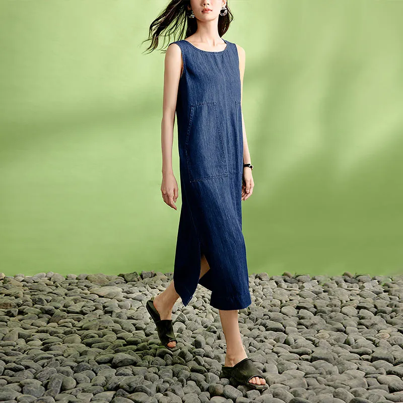 Initial Language Sleeveless Dress Women's Dark Blue-1