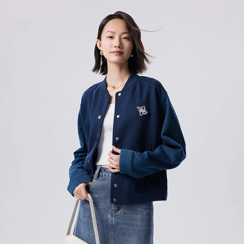 Initial Language Baseball Jacket Coat Women's Navy Blue-2