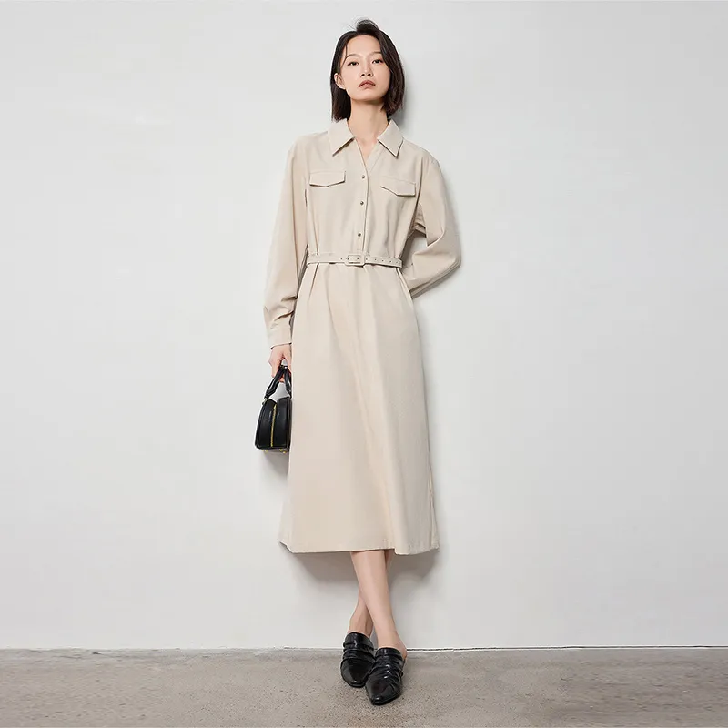 Initial Language Long Sleeved Dresses Women's Apricot-4