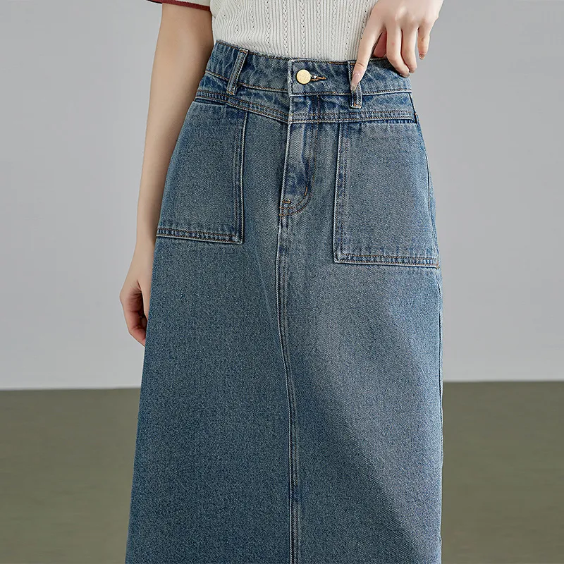 Initial Language Denim Long Skirts Women's Dusty Blue-5