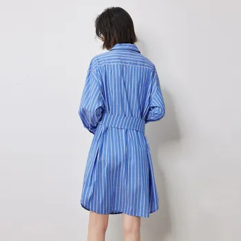 Initial Language Long Sleeved Dress Women's Dark Blue With White Stripes