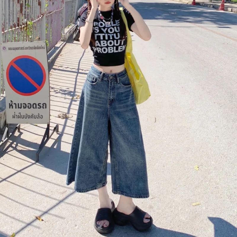 ZNZX Universal For All Seasons Casual Pants Loose Fit Women's Vintage Blue Calf Length-6