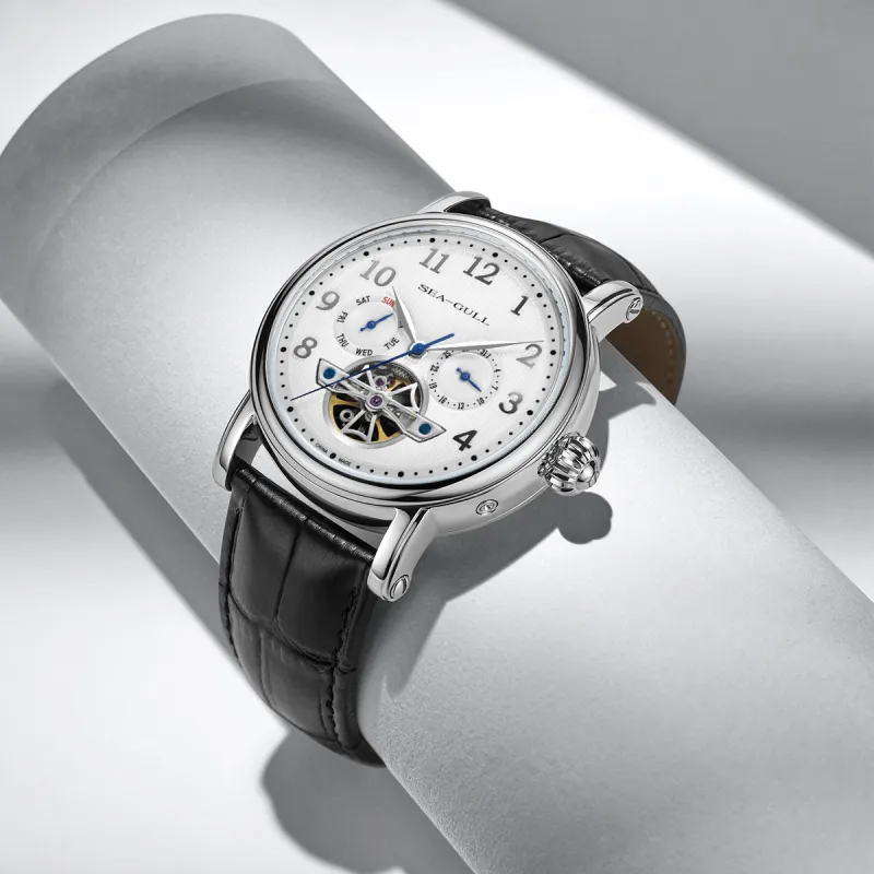 Sea Gull LE BRASSUS Collection Automatic Mechanical Movement Genuine Leather Strap Watch Men's Watches White Dial-11