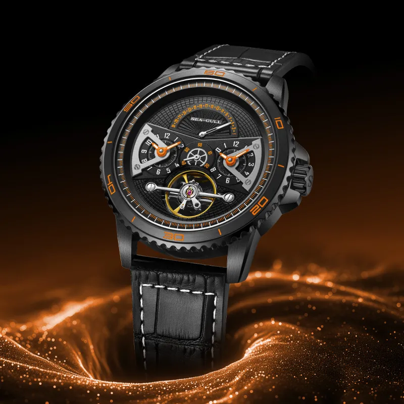Sea Gull Automatic Mechanical Movement Cow Leather Strap Watch Men's Watches Black Dial-6