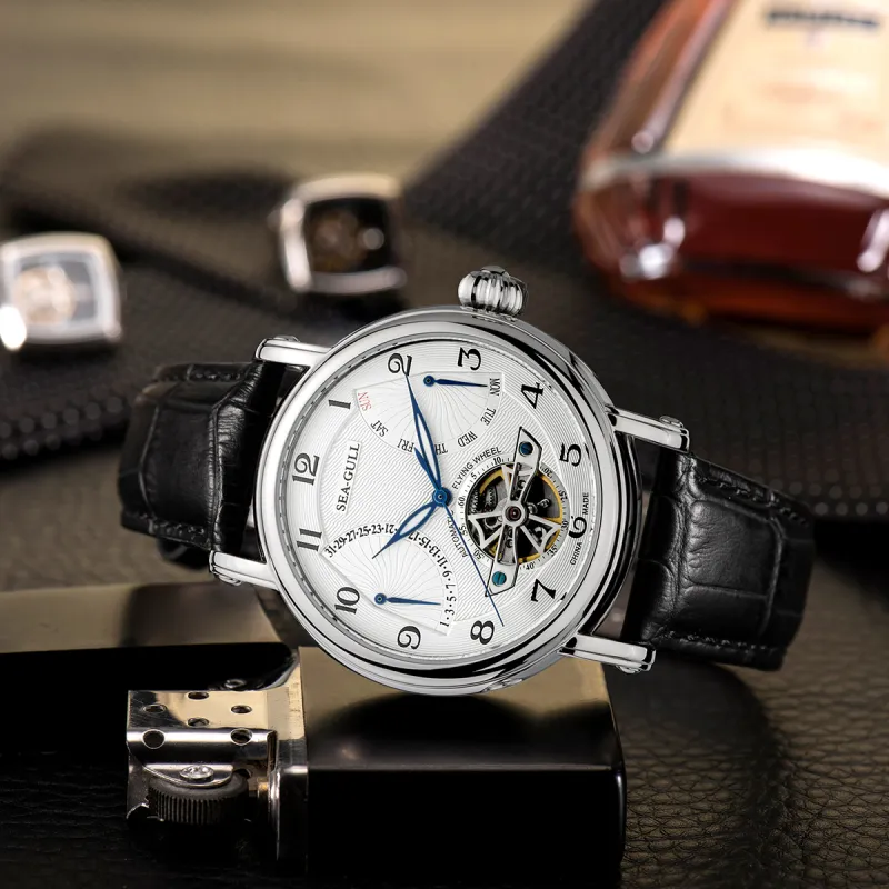 Sea Gull LE BRASSUS Automatic Mechanical Movement Cow Leather Strap Watch Men's Watches White Dial-8