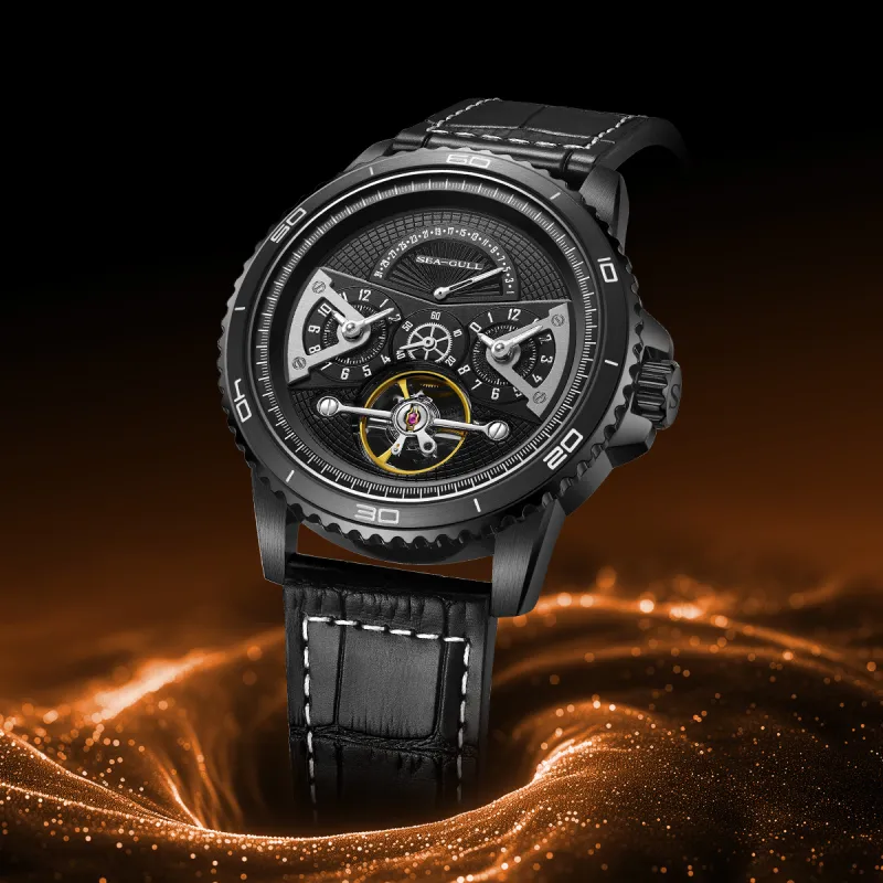 Sea Gull Automatic Mechanical Movement Cow Leather Strap Watch Men's Watches Black Dial-12
