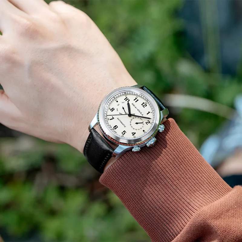 Sea Gull Pilot Collection Automatic Mechanical Movement Cow Leather Strap Watch Men's Watches White Dial-12
