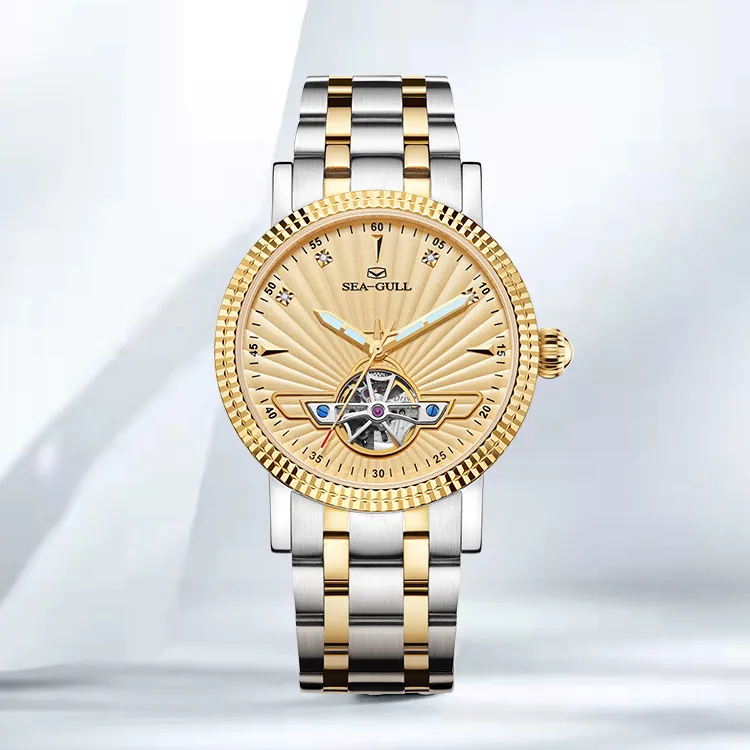 Sea Gull Automatic Mechanical Movement Steel Strap Watch Men's Watches Gold Dial-3