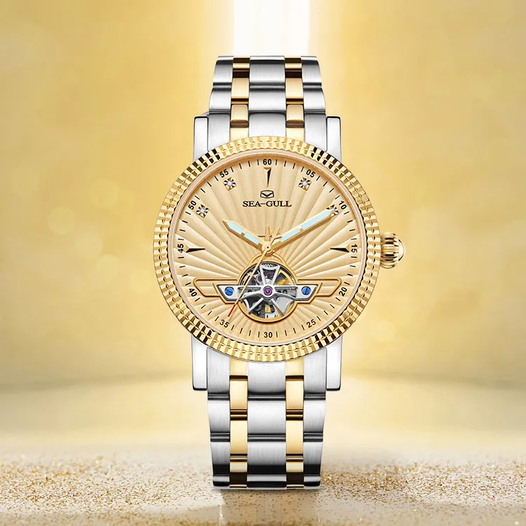 Sea Gull Automatic Mechanical Movement Steel Strap Watch Men's Watches Gold Dial-5