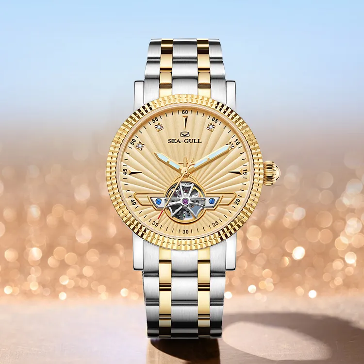 Sea Gull Automatic Mechanical Movement Steel Strap Watch Men's Watches Gold Dial-6