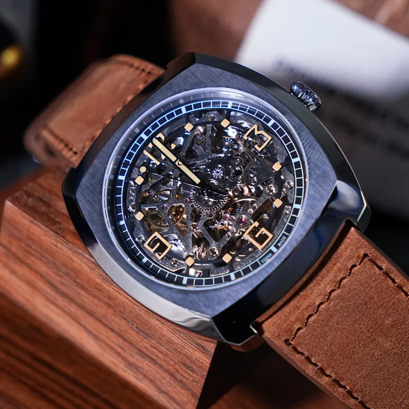 Sea Gull Edge Collection Automatic Mechanical Movement Genuine Leather Strap Watch Men's Watches Cut Out Dial-9