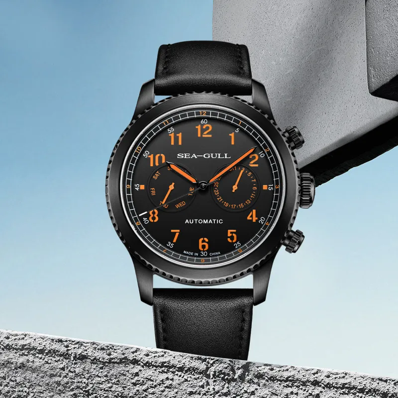 Sea Gull Pilot Collection Automatic Mechanical Movement Genuine Leather Strap Watch Men's Watches Black Dial-5