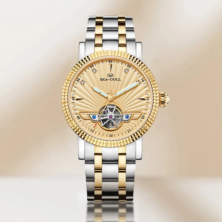 Sea Gull Automatic Mechanical Movement Steel Strap Watch Men's Watches Gold Dial-2
