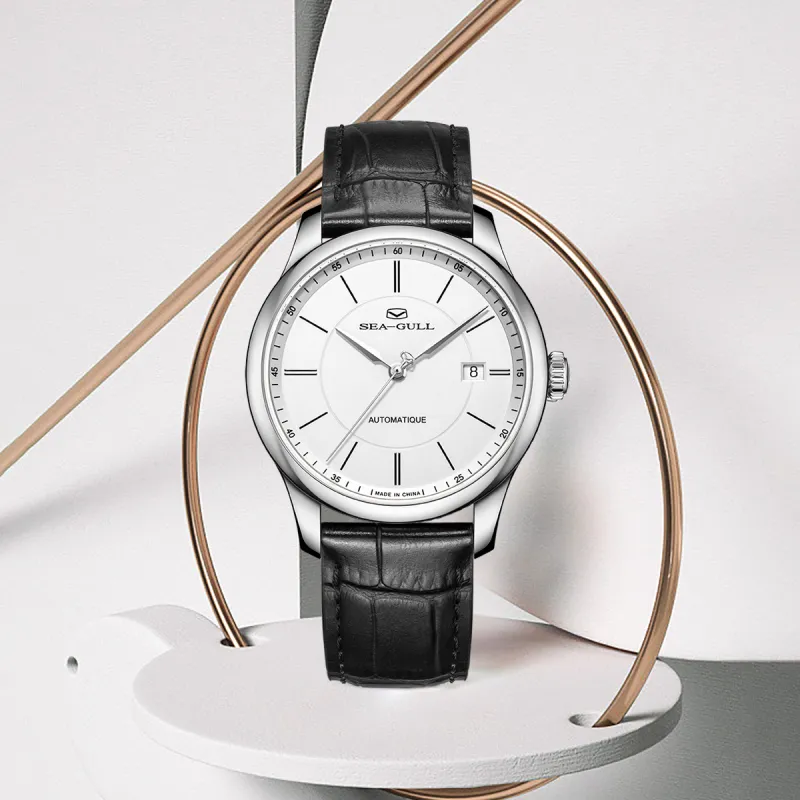 Sea Gull Automatic Mechanical Movement Genuine Leather Strap Watch Men's Watches White Dial-4