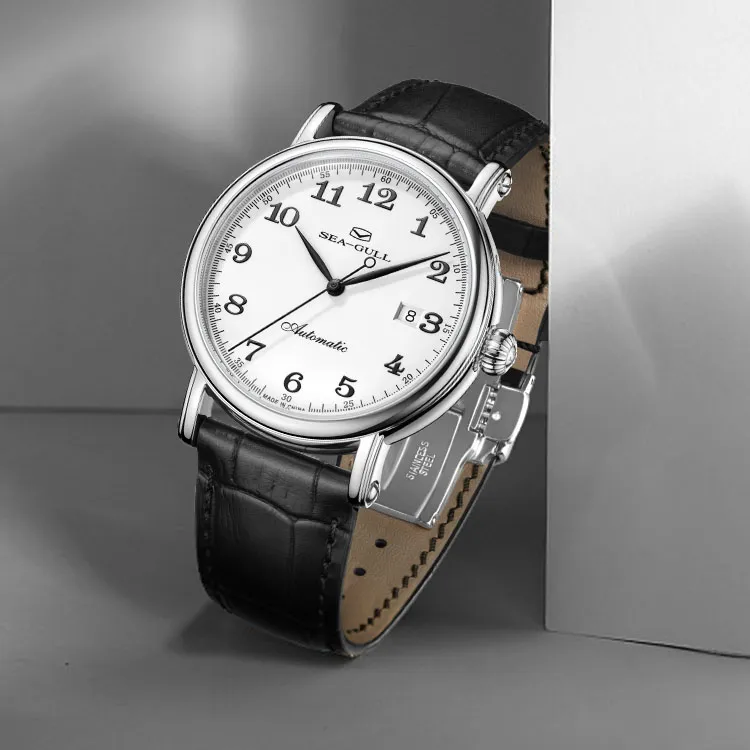 Sea Gull Automatic Mechanical Movement Cow Leather Strap Watch Men's Watches White Dial-5
