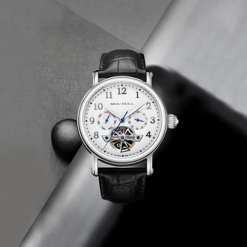 Sea Gull LE BRASSUS Collection Automatic Mechanical Movement Genuine Leather Strap Watch Men's Watches White Dial-8