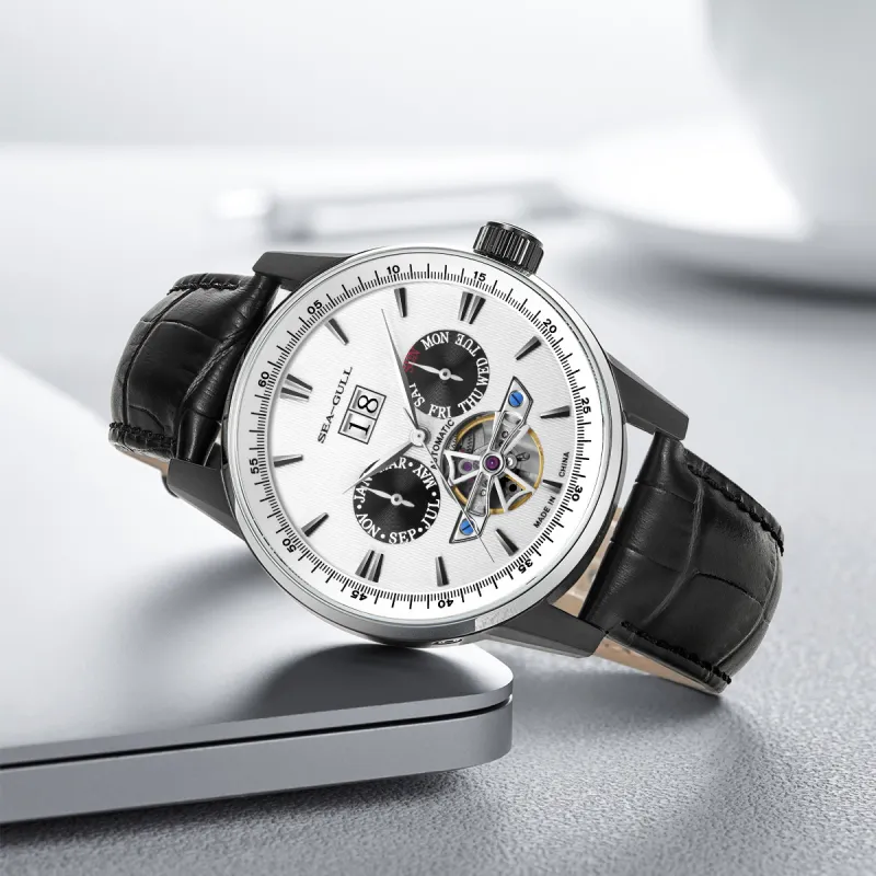 Sea Gull Masterpiece Collection Automatic Mechanical Movement Genuine Leather Strap Watch Men's Watches White Dial-11