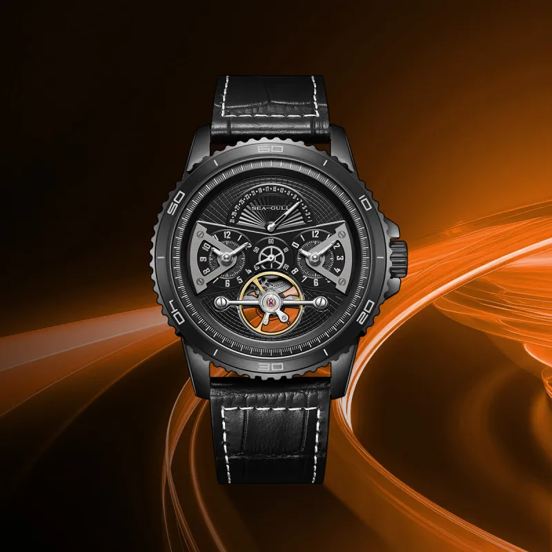 Sea Gull Automatic Mechanical Movement Cow Leather Strap Watch Men's Watches Black Dial-11