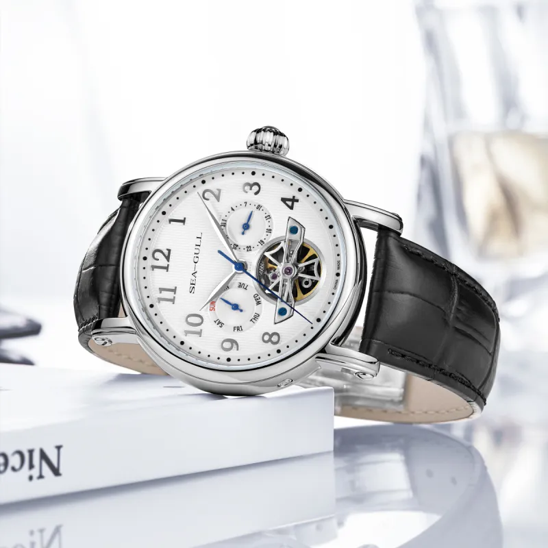 Sea Gull LE BRASSUS Collection Automatic Mechanical Movement Genuine Leather Strap Watch Men's Watches White Dial-10