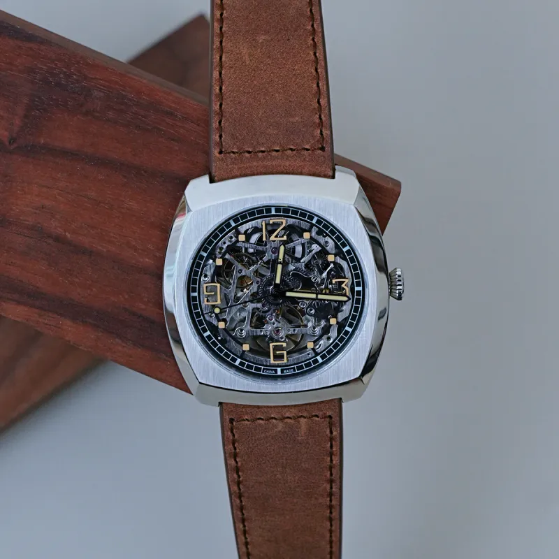 Sea Gull Edge Collection Automatic Mechanical Movement Genuine Leather Strap Watch Men's Watches Cut Out Dial-5
