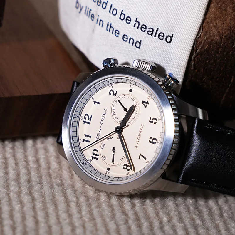 Sea Gull Pilot Collection Automatic Mechanical Movement Cow Leather Strap Watch Men's Watches White Dial-7