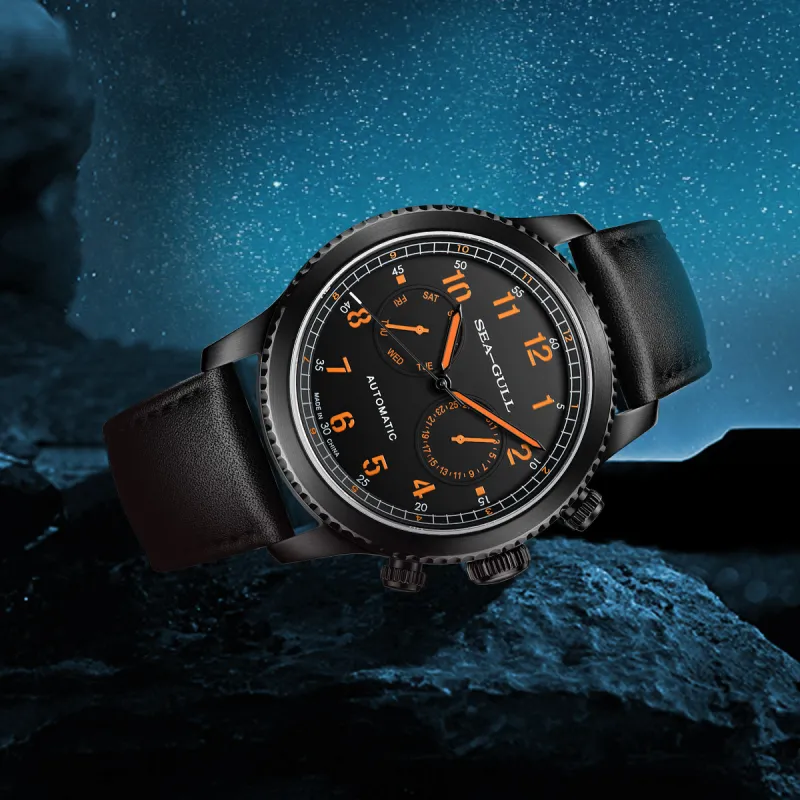 Sea Gull Pilot Collection Automatic Mechanical Movement Genuine Leather Strap Watch Men's Watches Black Dial-4
