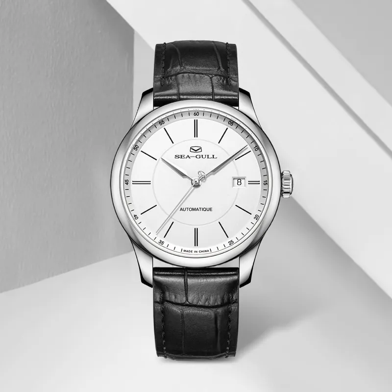 Sea Gull Automatic Mechanical Movement Genuine Leather Strap Watch Men's Watches White Dial-3