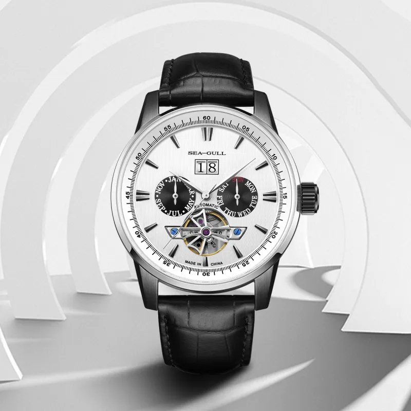 Sea Gull Masterpiece Collection Automatic Mechanical Movement Genuine Leather Strap Watch Men's Watches White Dial-10