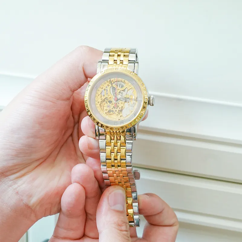 Sea Gull Automatic Mechanical Movement Steel Strap Watch Men's Watches Gold Dial-9