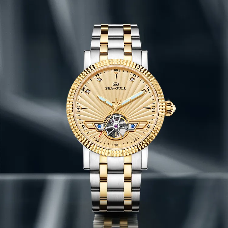 Sea Gull Automatic Mechanical Movement Steel Strap Watch Men's Watches Gold Dial-4