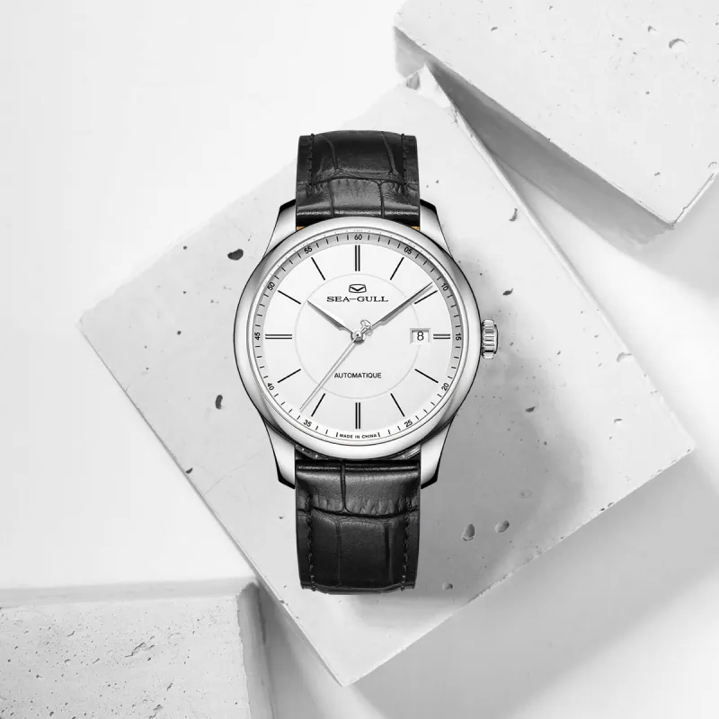 Sea Gull Automatic Mechanical Movement Genuine Leather Strap Watch Men's Watches White Dial-5