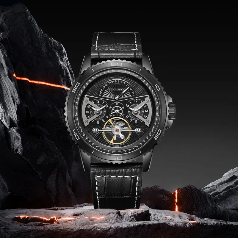 Sea Gull Automatic Mechanical Movement Cow Leather Strap Watch Men's Watches Black Dial-10