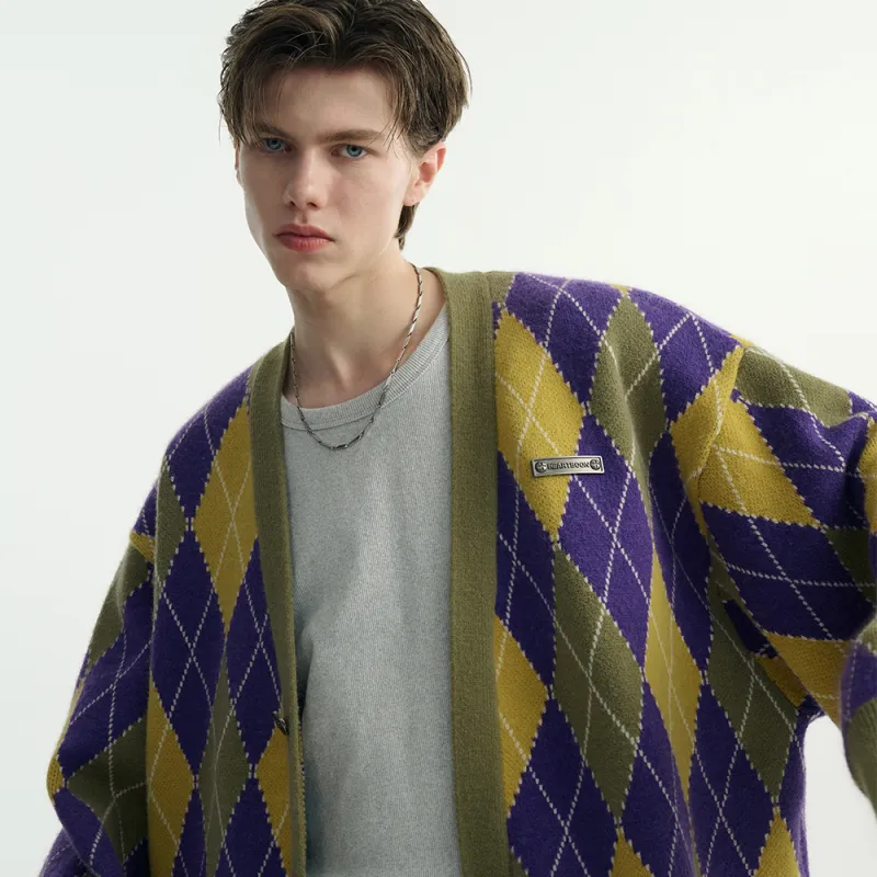 Heartboon Sweaters Unisex Yellow Purple Plaid-12