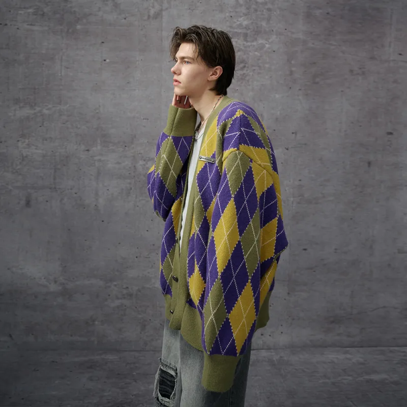 Heartboon Sweaters Unisex Yellow Purple Plaid-10