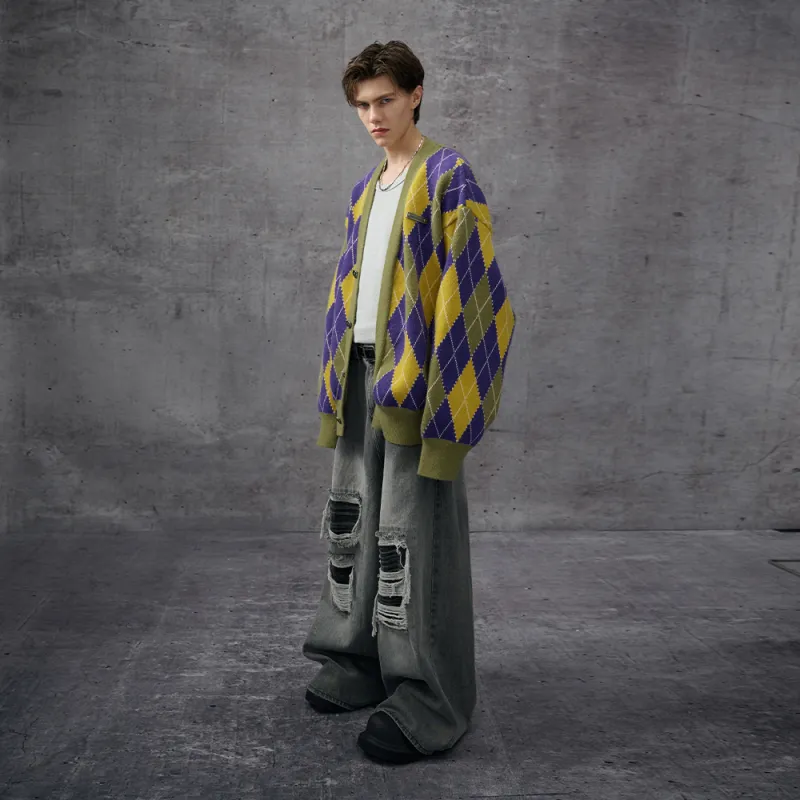 Heartboon Sweaters Unisex Yellow Purple Plaid-5