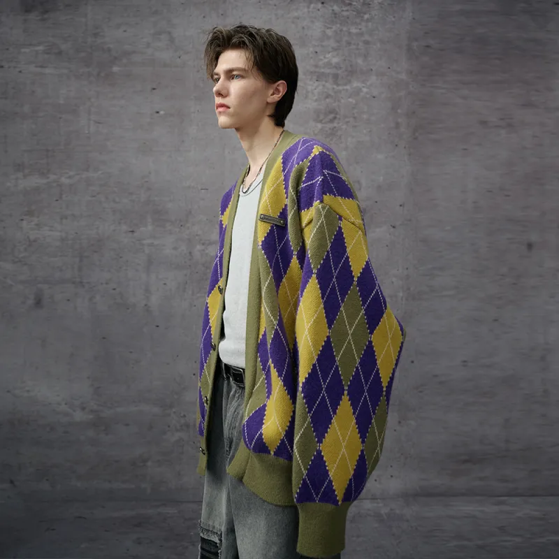 Heartboon Sweaters Unisex Yellow Purple Plaid-9