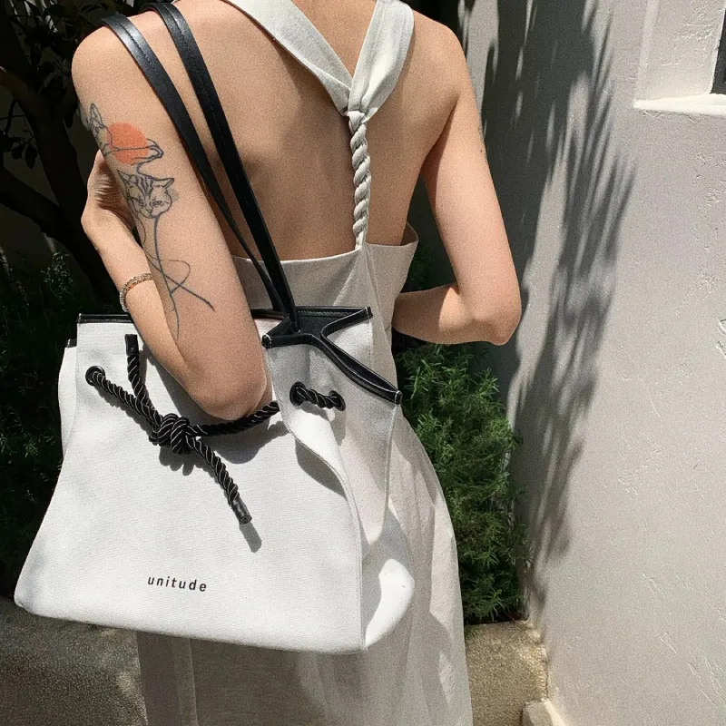 Unitude Canvas With Leather Tote Bag, Shopping Bag, Canvas Bag, Shoulder Bag Tubas Women's-6