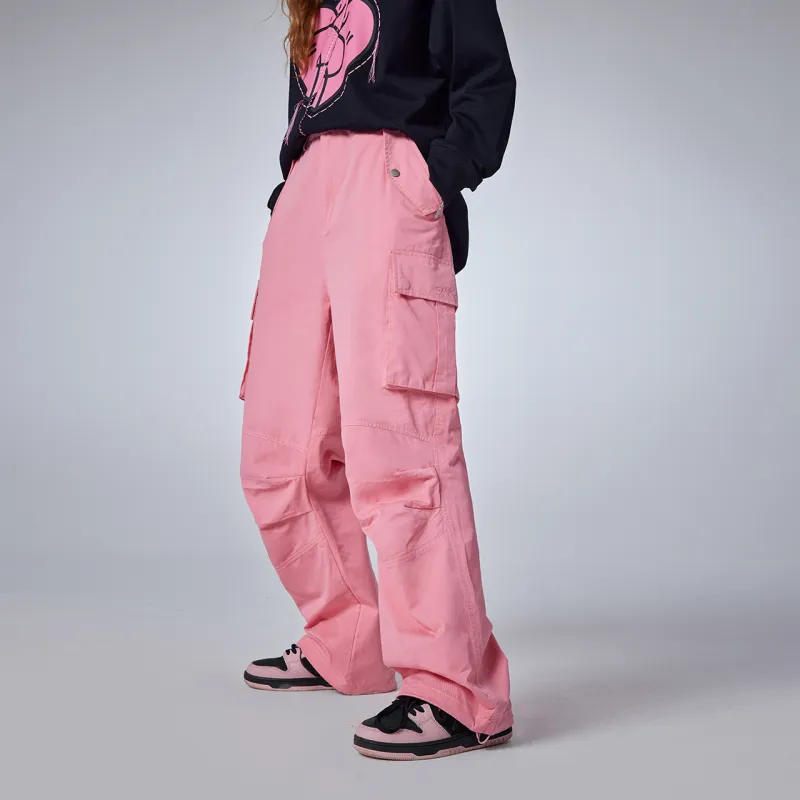 Guuka Couple Leg Pleated Straight Fit Parachute Pants Loose Fit Unisex Pink-5