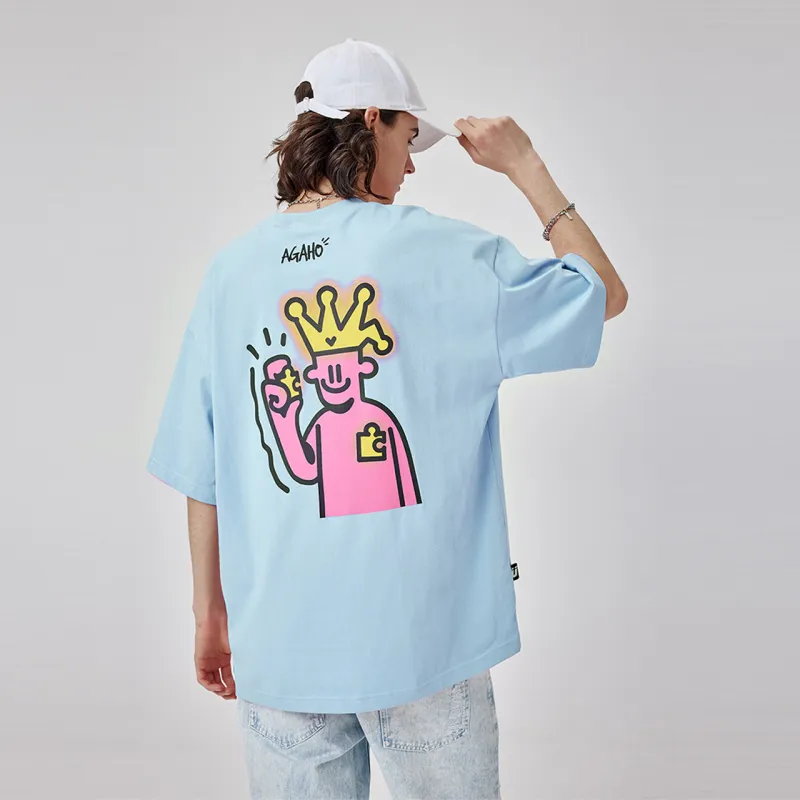 Guuka x AGAHO Slightly Drop Shoulder Short Sleeved T Shirts Unisex Pink Blue-2