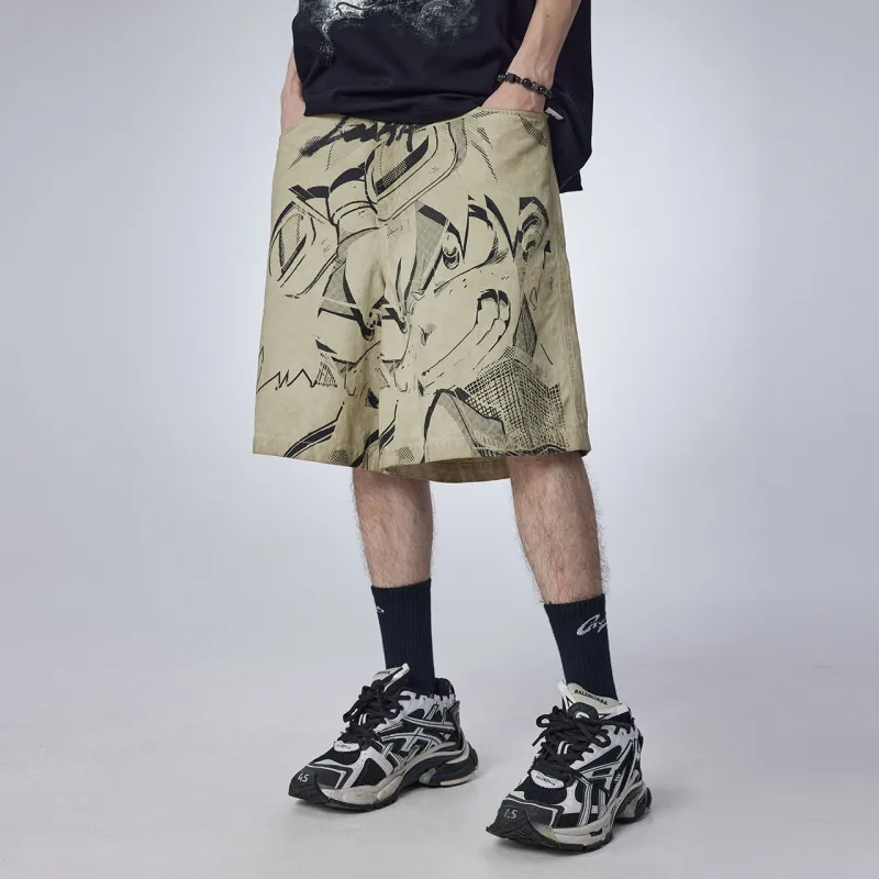 Guuka Anime Print Knee Length Pants Men's Light Apricot-4