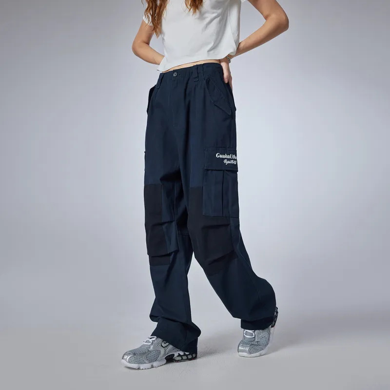 Guuka Embroidered Letter Casual Pants Unisex Navy Blue-10