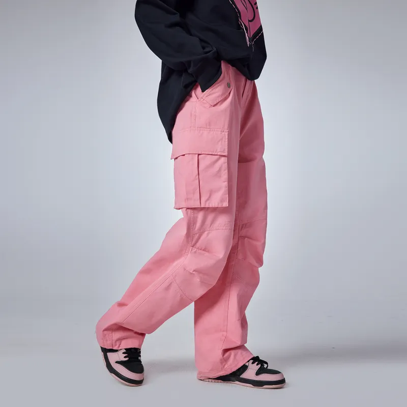 Guuka Couple Leg Pleated Straight Fit Parachute Pants Loose Fit Unisex Pink-7